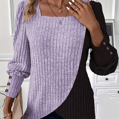 Asymmetrical Square Neck Knit Top, Long Sleeve, Spring/Fall.