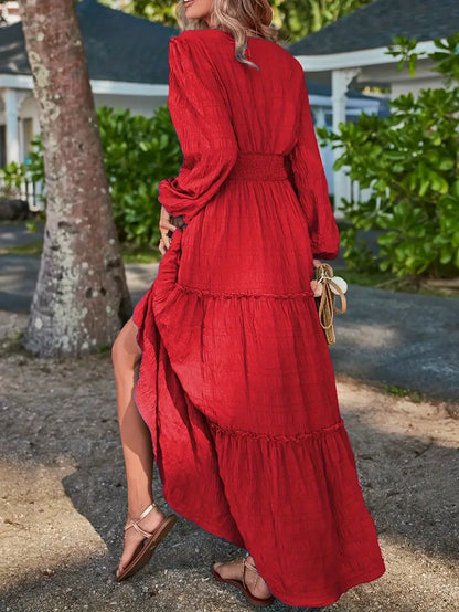 Solid V-Neck Textured Maxi Dress – Vacation Style, Smocked Long Sleeves