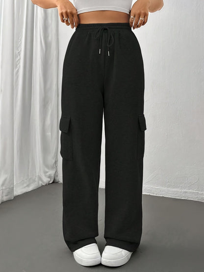 Flap Pocket Straight Leg Sweatpants - Drawstring Elastic Waist for Fall & Winter