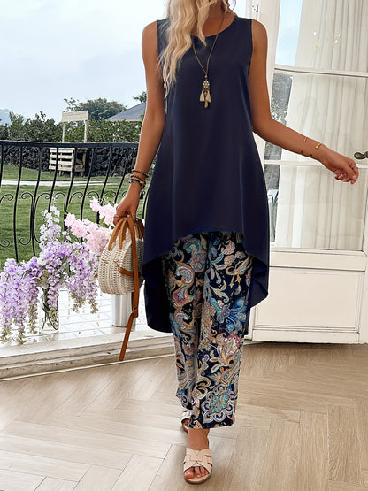 Two-piece Asymmetrical Paisley Print Set, Sleeveless Crew Neck Tank T-shirt & Loose Shorts, Casual Women's Clothing