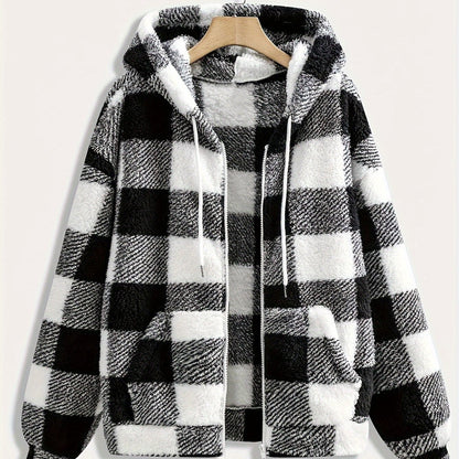 Plaid Hooded Zipper Coat, Casual Fall/Winter Outerwear