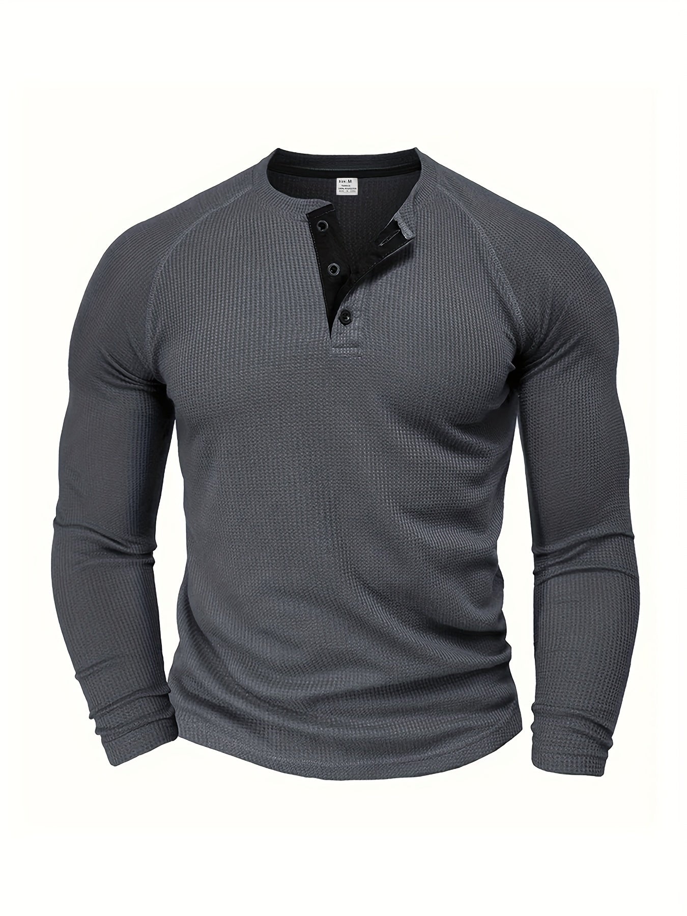Camisa Henley Masculina Sólida, Manga Longa, Gola Redonda, Meio Botão