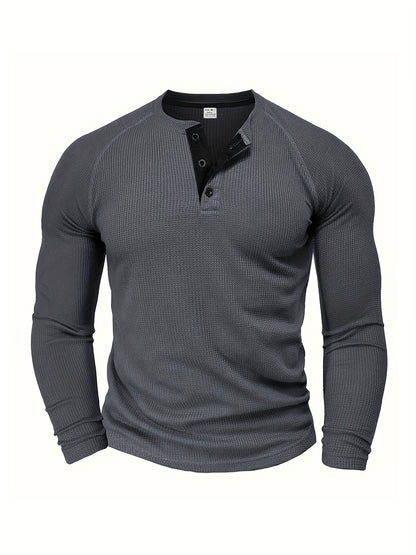 Camisa Henley Masculina Sólida, Manga Longa, Gola Redonda, Meio Botão