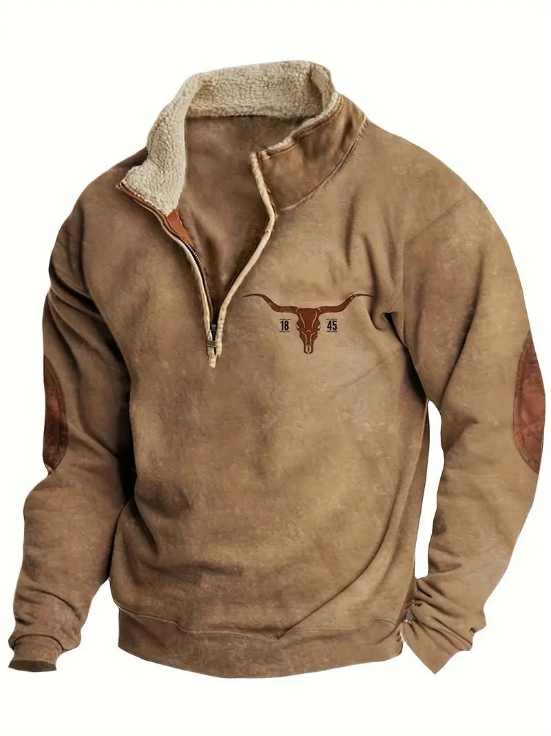 Herren-Fleece-Sweatshirt mit Vintage-Print und 1/4-Reißverschluss im Western-Azteken-Stil
