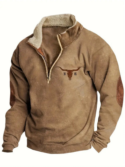 Herren-Fleece-Sweatshirt mit Vintage-Print und 1/4-Reißverschluss im Western-Azteken-Stil
