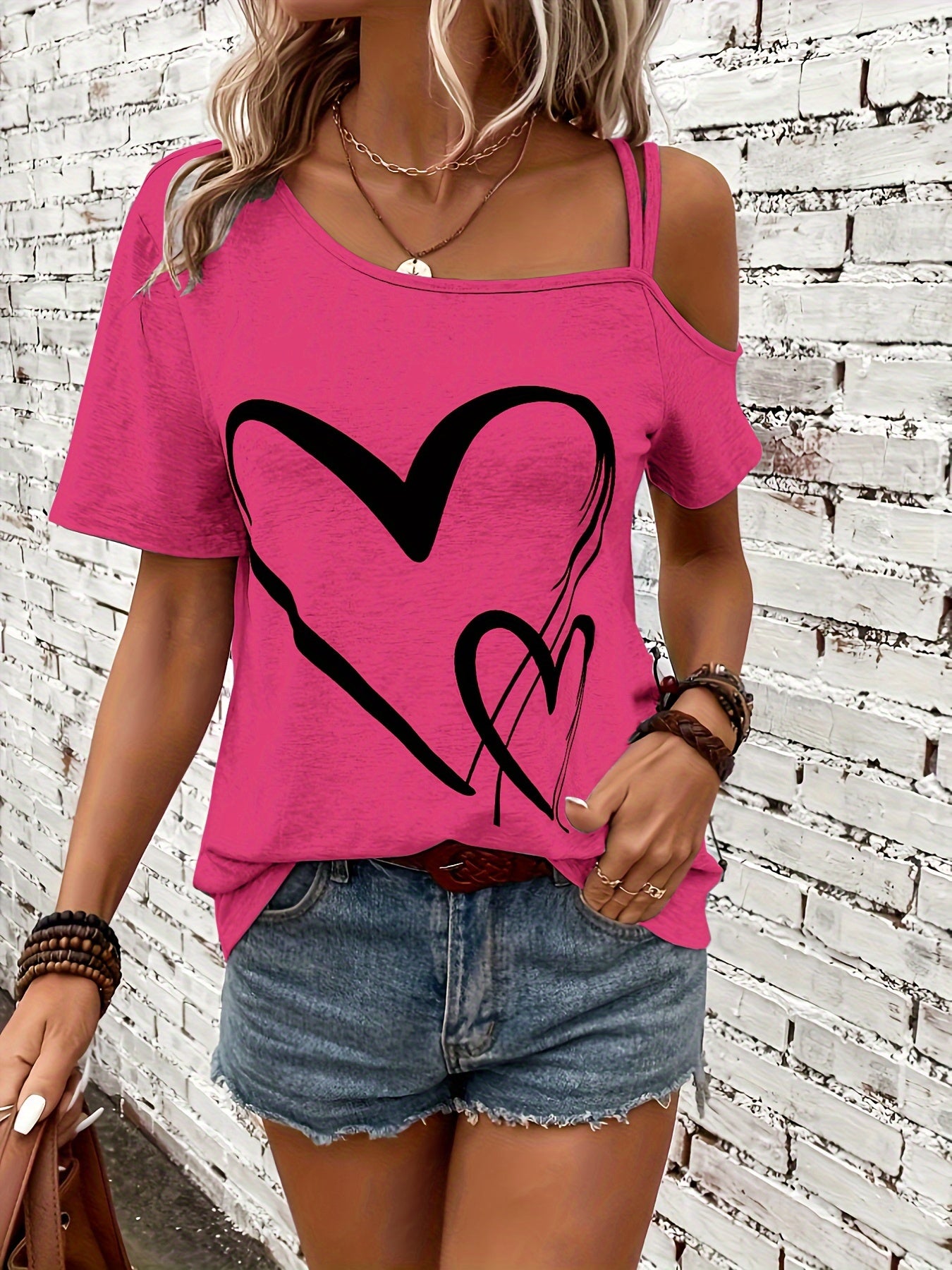 Stylish Heart Print One Shoulder Short Sleeve T-shirt - Elegant Asymmetrical Polyester Top with Micro Elasticity - Perfect for Summer, Womens Regular Length Knit Fabric Clothing