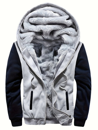 Casaco de lã quente com capuz masculino, casaco casual com blocos de cores para outono e inverno
