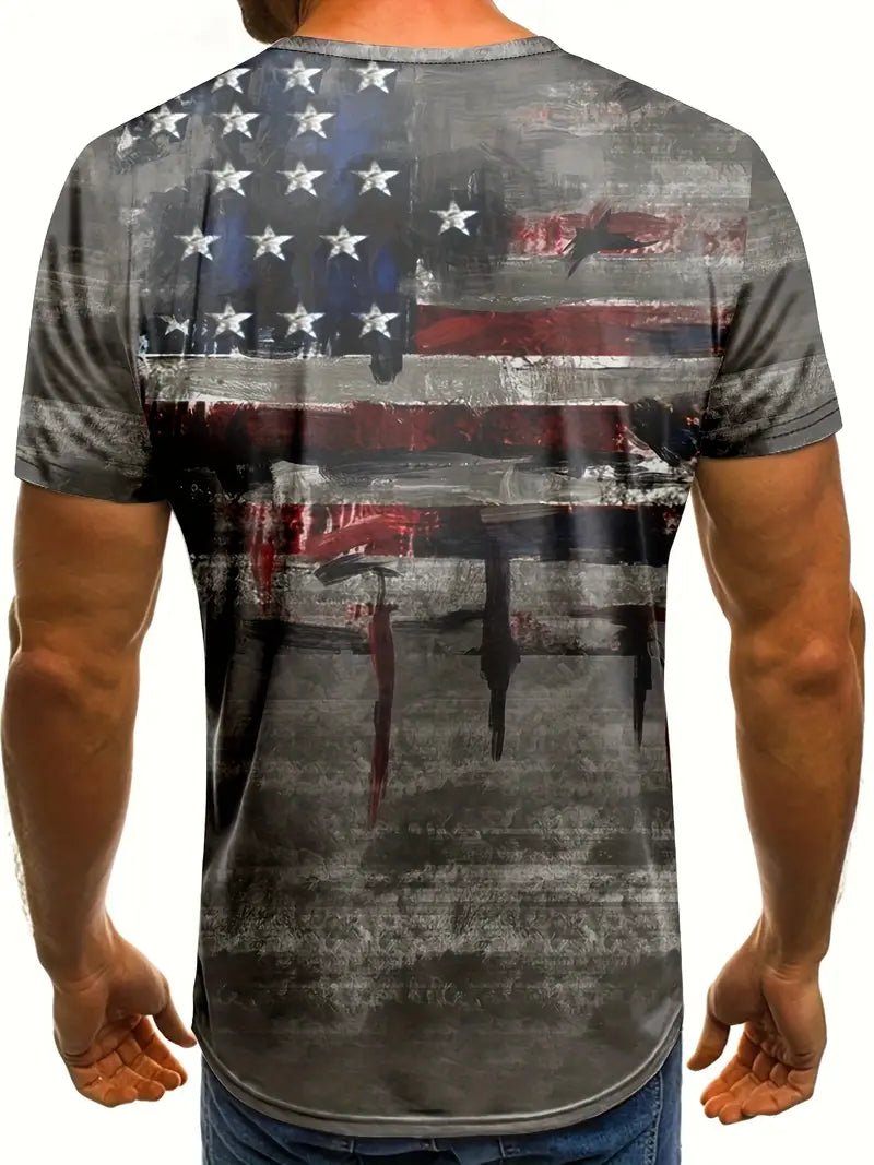 Men's Patriotic 3D Flag Print T-Shirt – Breathable, Quick-Dry Polyester, Crew Neck, Short Sleeve, Perfect for Summer
