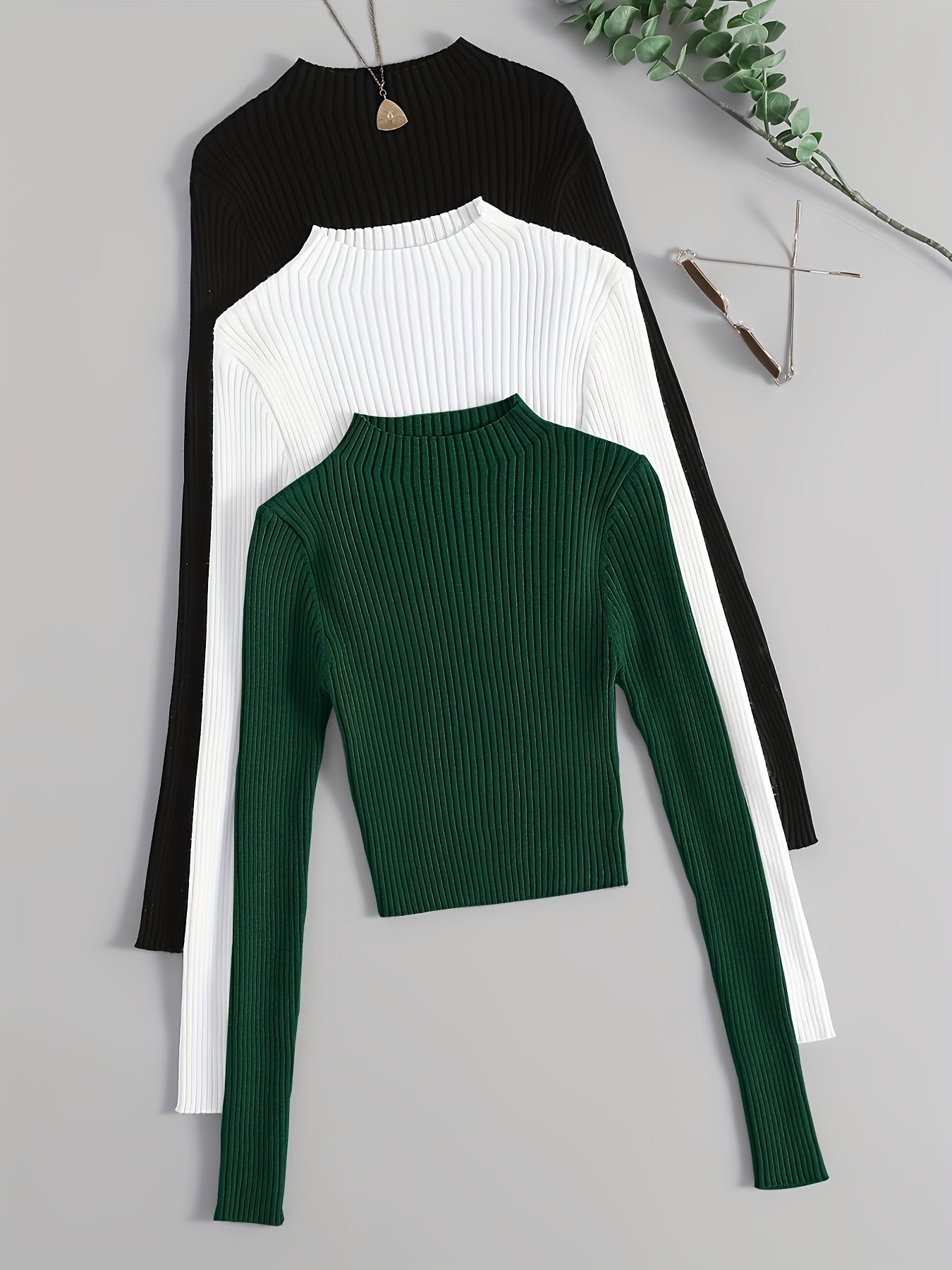 Solid Mock Neck Rib Knit Top 3-Pack - Casual Long Sleeve Slim Sweater