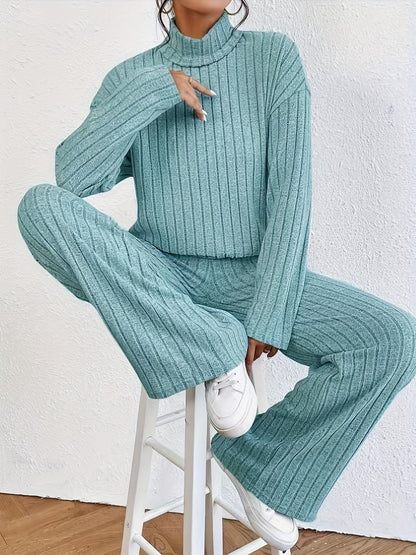 Solid Ribbed Two-piece Set, Mock Neck T-shirt & Wide Leg Pants