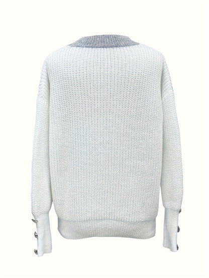 V-Neck Women's Sweater, Button Detail, Knit Polyester, Fall/Winter