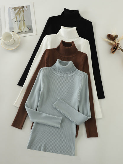 Solid Turtleneck Rib Knit Top 4-Pack - Casual Long Sleeve Slim Sweater
