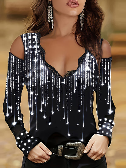 Camiseta com decote em V e acabamento em renda, blusa elegante com ombros descobertos para primavera e outono.