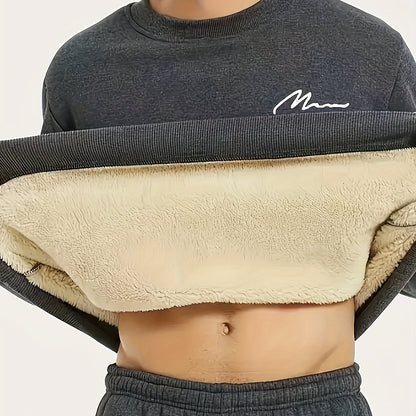 Men's Winter Fleece-Lined Sherpa Sweatshirt, Crew Neck, Casual Knit