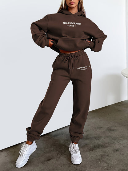 Letter Print Casual Two-piece Set, Hooded Top & Jogger Pants