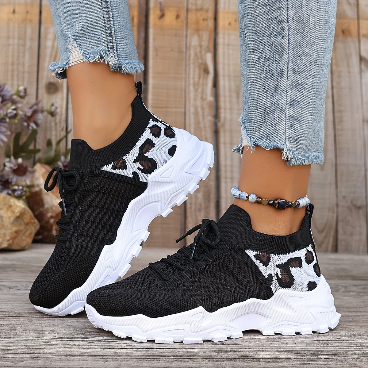 Women's Leopard Print Lace-up Running Shoes, Breathable Platform (Plus Size)