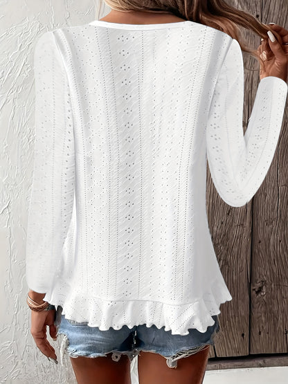 Camiseta feminina de manga comprida com babados e gola redonda, elegante e estilosa, primavera e outono, confortável e respirável, tecido jacquard de cor sólida