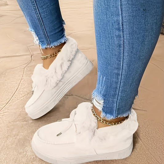 Botas femininas de inverno, cor sólida, bico redondo, salto plataforma baixo, sem cadarço, cabedal de tecido, interior de tecido, palmilha de tecido, sola de TPR, tamanho grande, quente, pelúcia, botas de neve, sapatilhas femininas para mulheres
