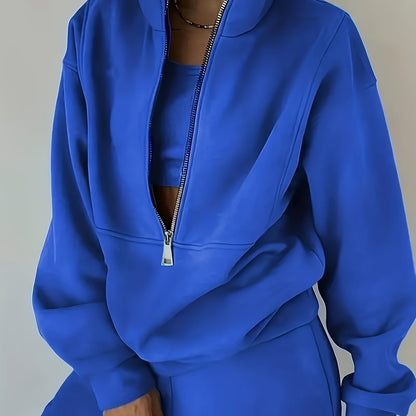 Solid Two-piece Set, Zip Front Sweatshirt & Elastic Waist Pants