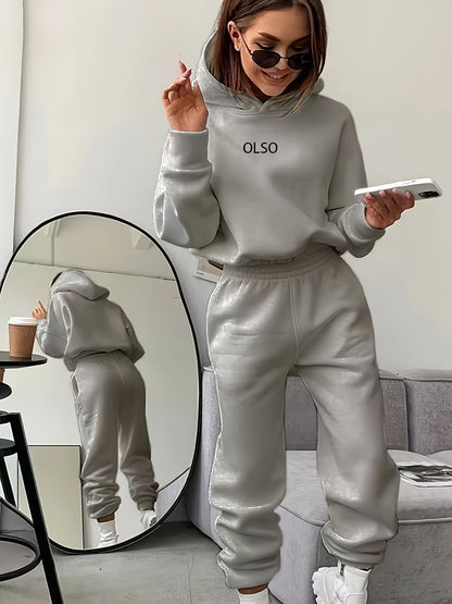 Casual Two-Piece Set - Letter Print Hooded Sweatshirt & Elastic Waist Sweatpants