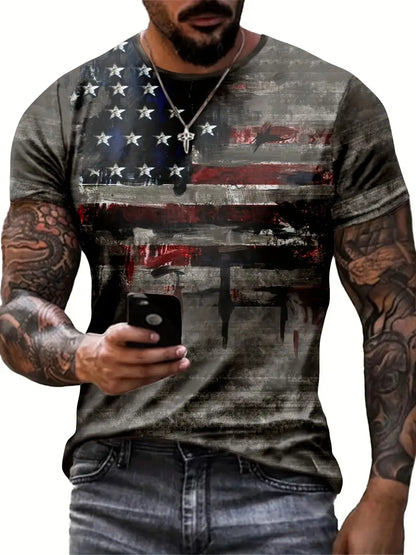 Men's Patriotic 3D Flag Print T-Shirt – Breathable, Quick-Dry Polyester, Crew Neck, Short Sleeve, Perfect for Summer