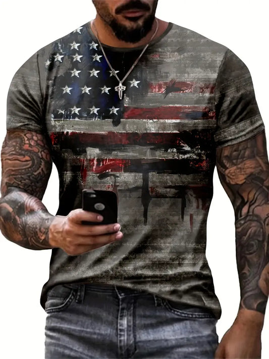 T-Shirt für Herren mit patriotischem 3D-Flaggendruck – atmungsaktives, schnelltrocknendes Polyester, Rundhalsausschnitt, kurze Ärmel, perfekt für den Sommer