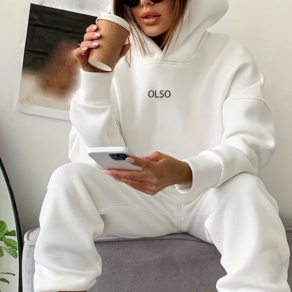 Casual Two-Piece Set - Letter Print Hooded Sweatshirt & Elastic Waist Sweatpants