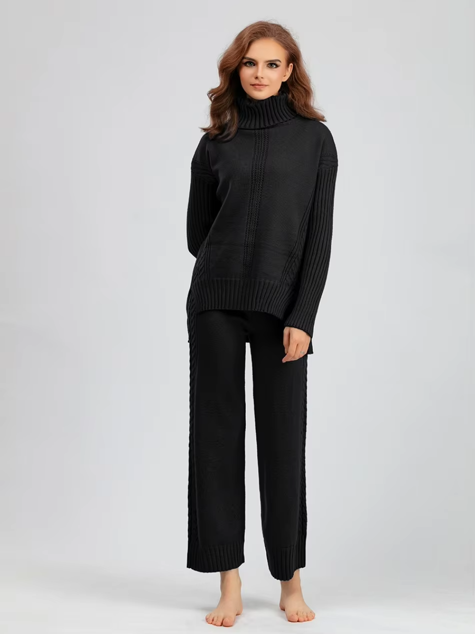 Scarlett™ - Stilvolles Set aus hochgeschlossenem Pullover-Strickpullover und lockerer Hose