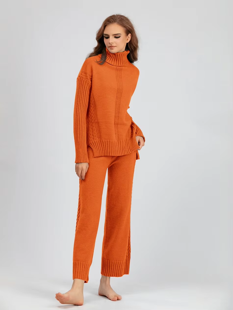 Scarlett™ - Stilvolles Set aus hochgeschlossenem Pullover-Strickpullover und lockerer Hose