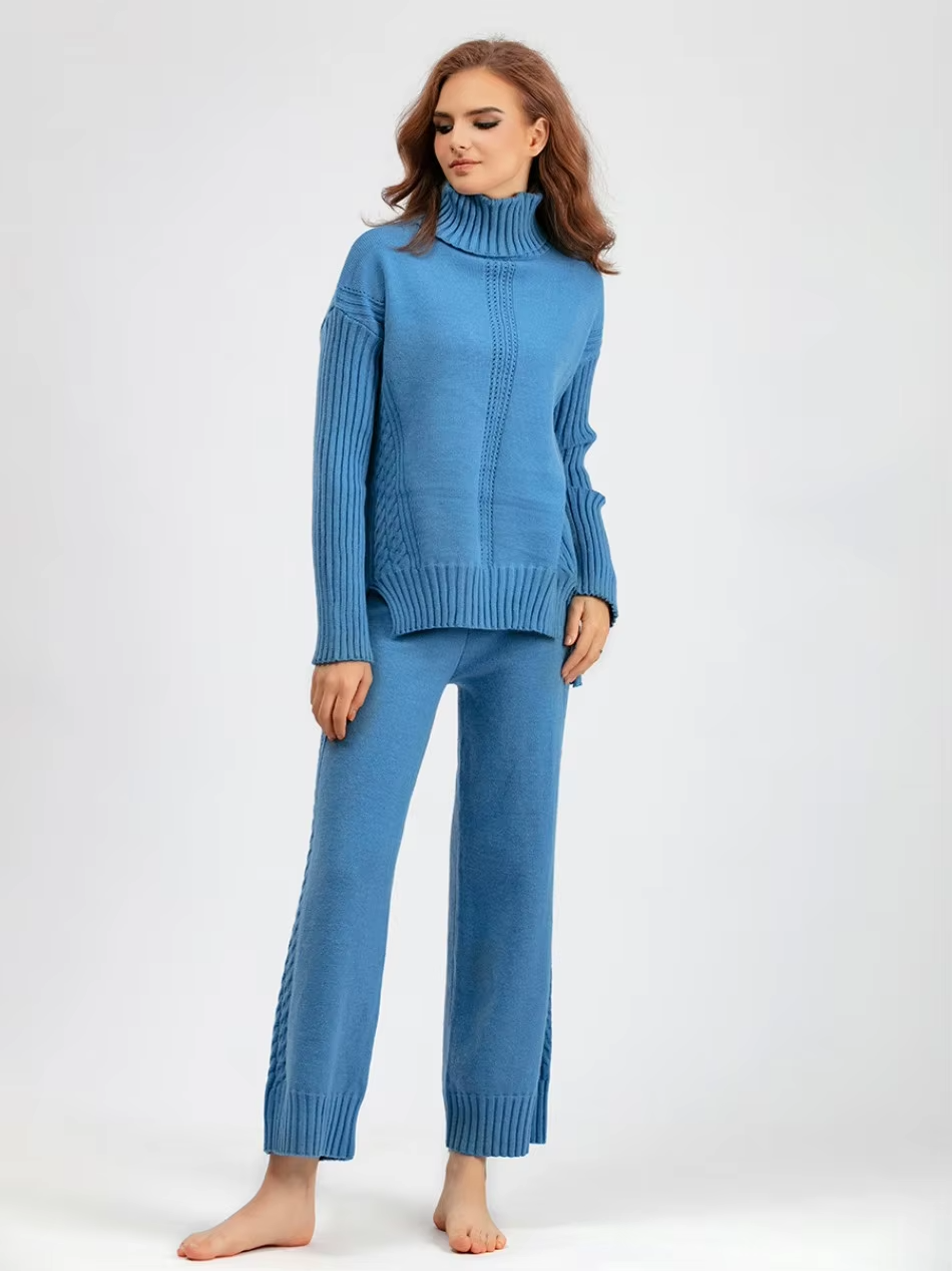 Scarlett™ - Stilvolles Set aus hochgeschlossenem Pullover-Strickpullover und lockerer Hose