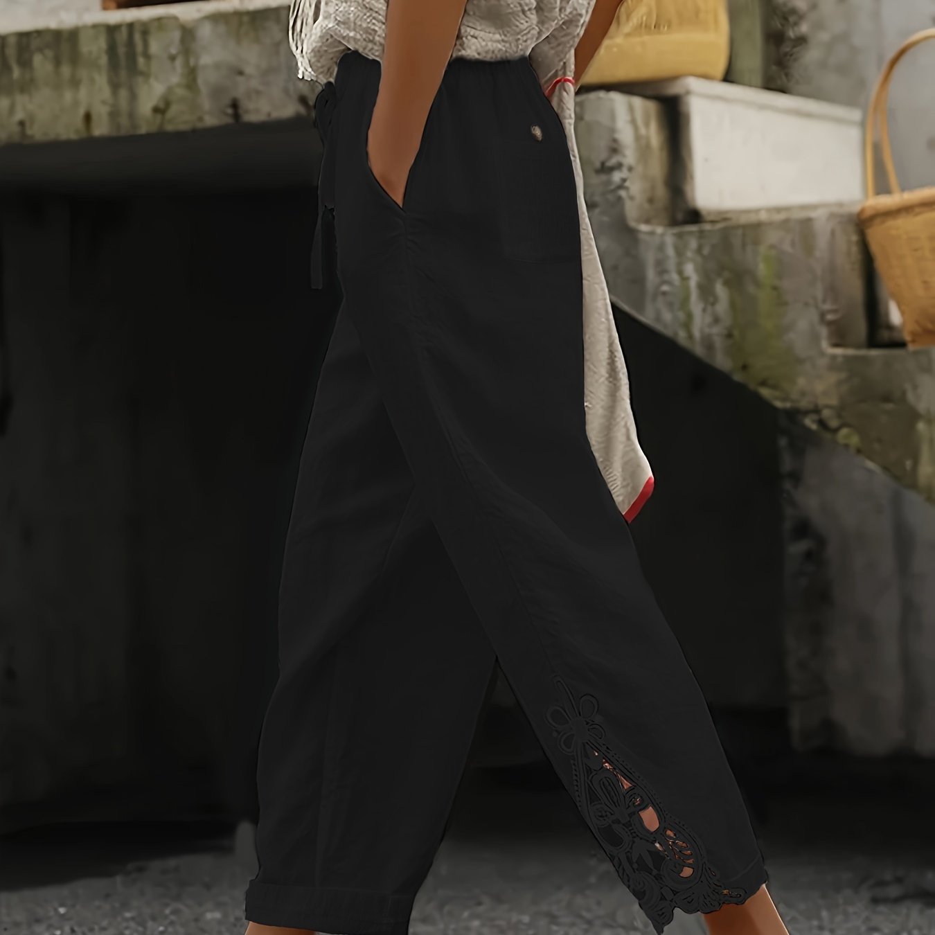 Chic Lace-Trimmed Elastic Waist Trousers - Breathable, Relaxed Fit for Spring & Summer - Womens Fashion Pants