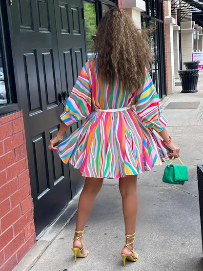 Colorful Striped V-Neck Belted A-Line Dress – Long Sleeve, Machine Washable, Vibrant Streetwear