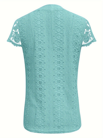 Women's V-Neck Lace Button-Detail T-Shirt, Short Sleeve, Casual Summer Top.
