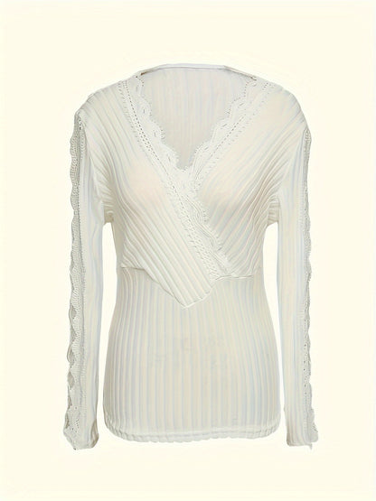 Lace Surplice Rib Knit Top, Long Sleeve, Casual for Spring/Fall.