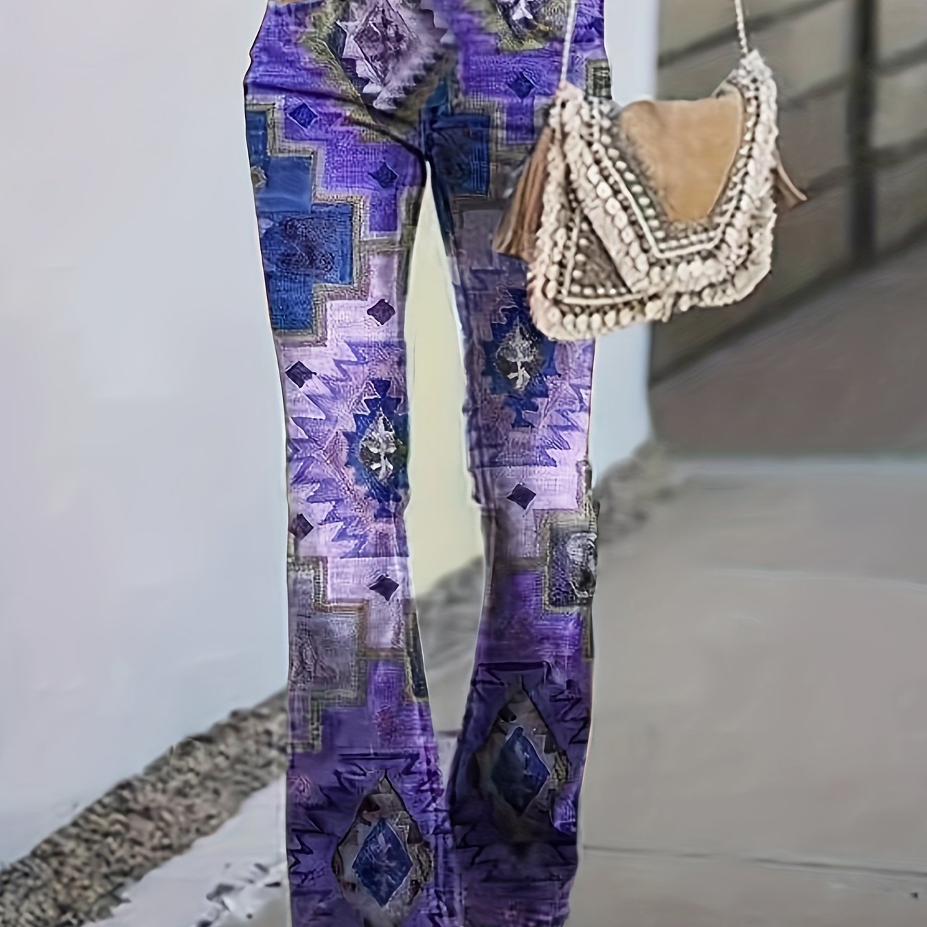Calças modeladoras geométricas xadrez] Calças modeladoras digitais geométricas xadrez patchwork estampadas - Estilo europeu e americano - Micro calças boca de sino para mulheres