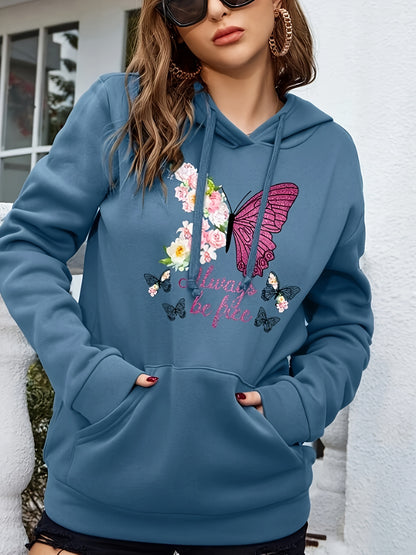 Moletom com capuz com estampa de borboleta e floral, moletom casual de manga comprida com bolso canguru, roupas femininas