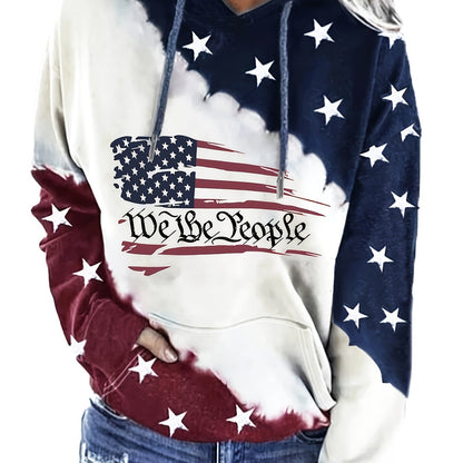 Moletom com capuz com estampa de bandeira americana e cordão, moletom casual de manga comprida com bolso canguru, roupas femininas