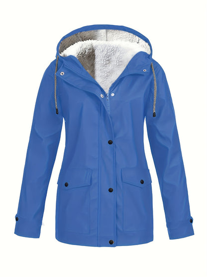 Damen-Windjacke mit Fleecefutter und Kapuze – wasserdichte, lässige Langarmjacke für Herbst/Winter