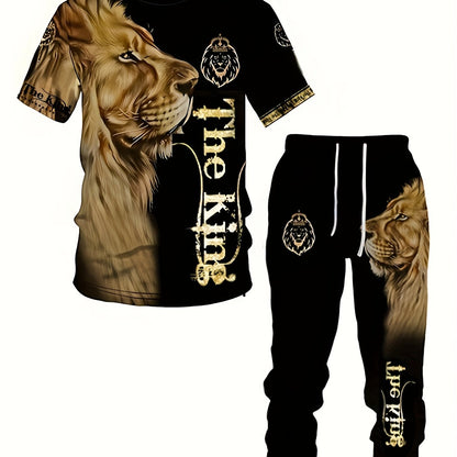 Men's 3D Lion Print Activewear Set, Tee & Pants