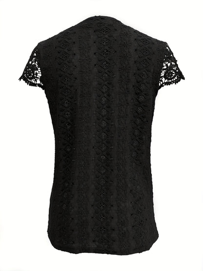 Women's V-Neck Lace Button-Detail T-Shirt, Short Sleeve, Casual Summer Top.