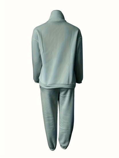 Solid Two-piece Set, Zip Front Sweatshirt & Elastic Waist Pants