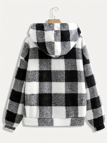 Plaid Hooded Zipper Coat, Casual Fall/Winter Outerwear