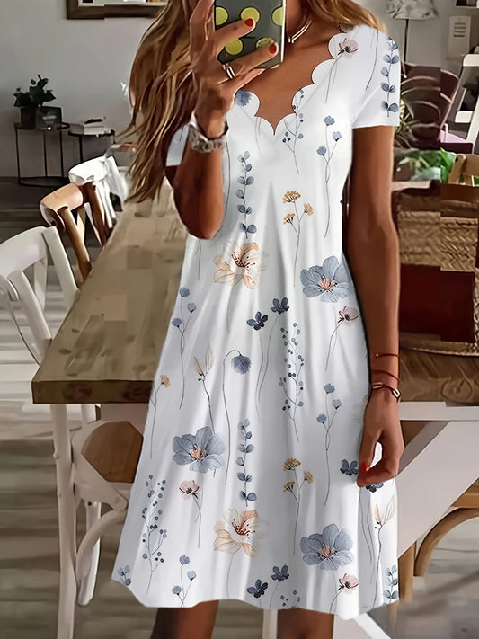 Floral Print Scallop Trim Dress, Vintage V-neck Short Sleeve Dress For Spring & Summer, Women's Clothing