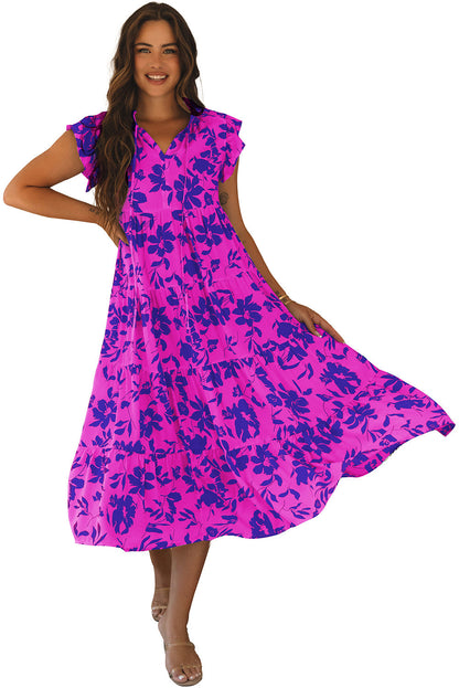Vestido longo com estampa floral e mangas esvoaçantes