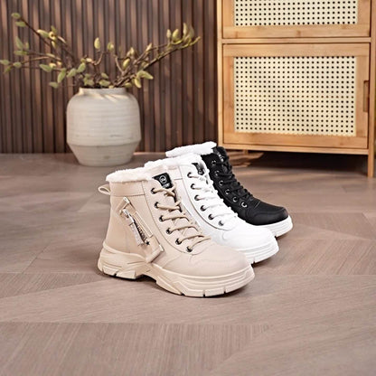 Botas de neve quentes de inverno femininas com zíper lateral - Sola grossa confortável, tênis de cano alto em cor sólida, botas de neve, sapatos para atividades ao ar livre