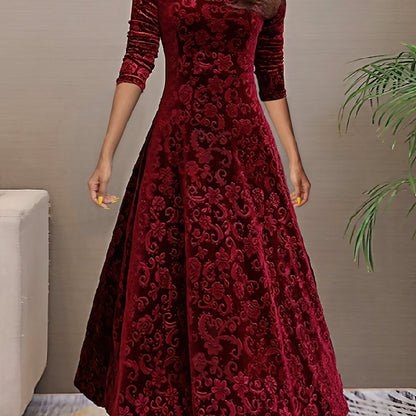 Vestido longo liso, decote em V, manga comprida, estilo elegante para primavera/outono.