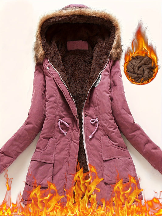 Winter Hooded Fleece Jacket, Zip-Up with Fur Collar