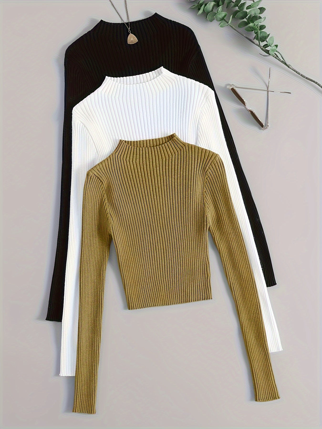 Solid Mock Neck Rib Knit Top 3-Pack - Casual Long Sleeve Slim Sweater