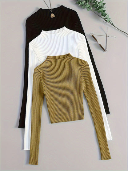 Solid Mock Neck Rib Knit Top 3-Pack - Casual Long Sleeve Slim Sweater