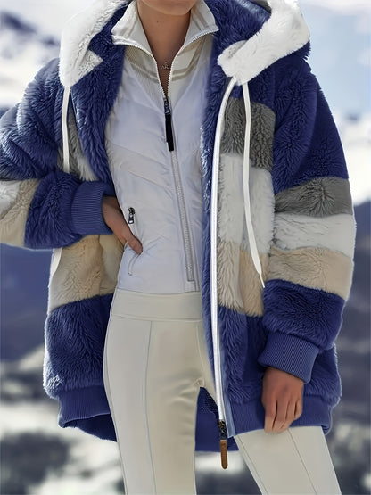 Color Block Fuzzy Hooded Coat, Casual Winter Outerwear.